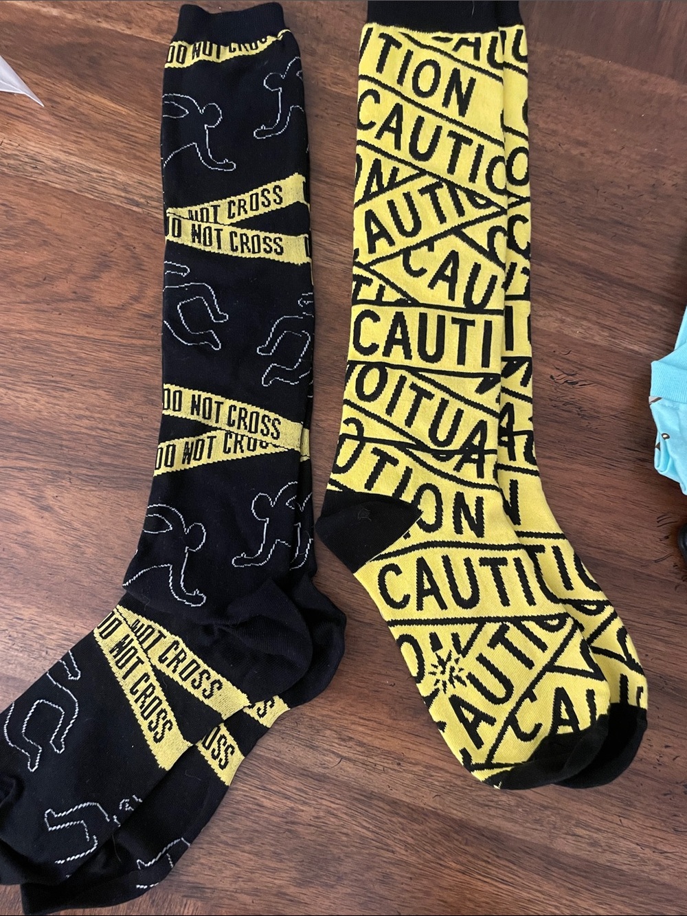 Caution Tape Knee-High Socks — Black & Yellow